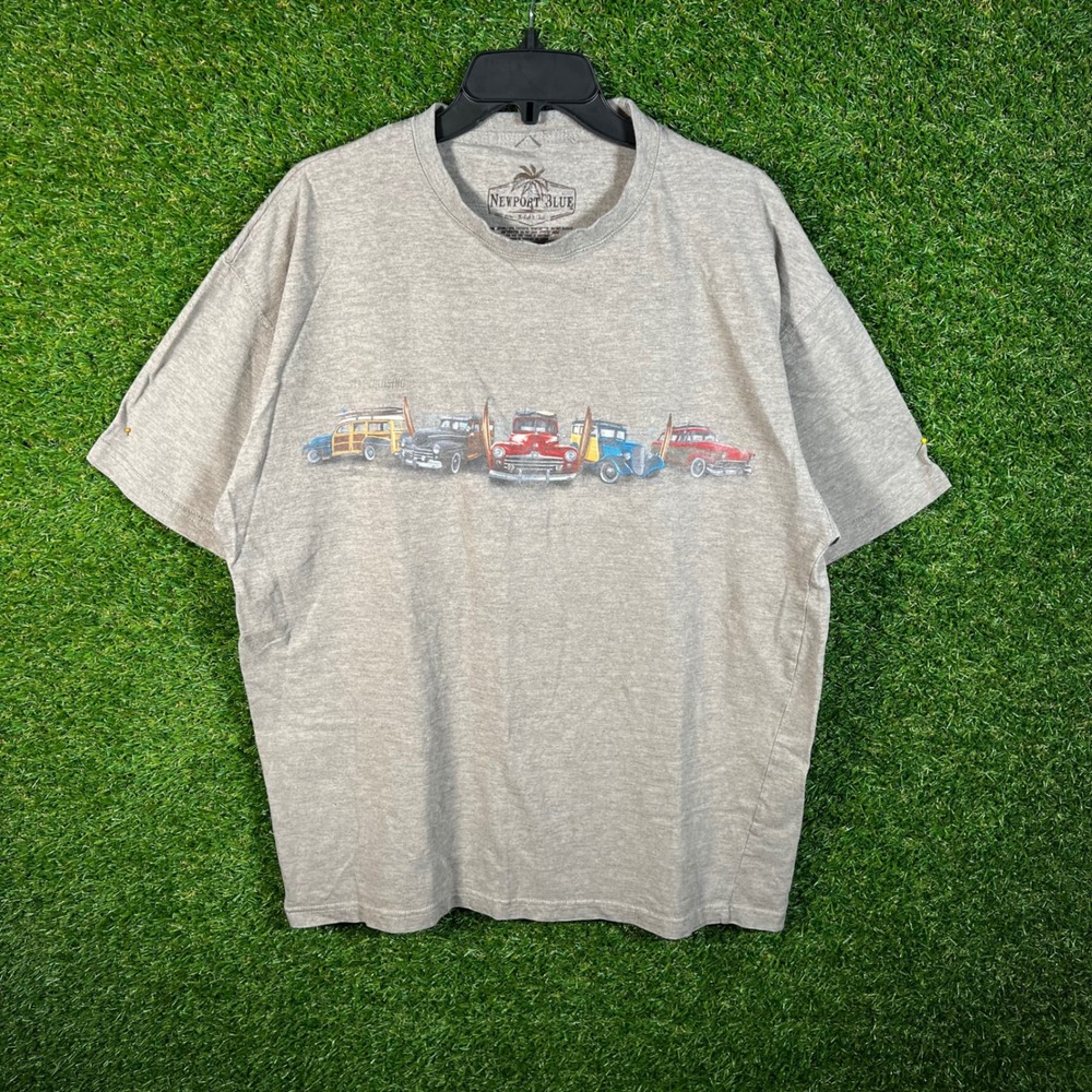 Newport Blue Mens XL Gray Beach Cruising Classic Cars Surfboard‎ Graphic T-Shirt